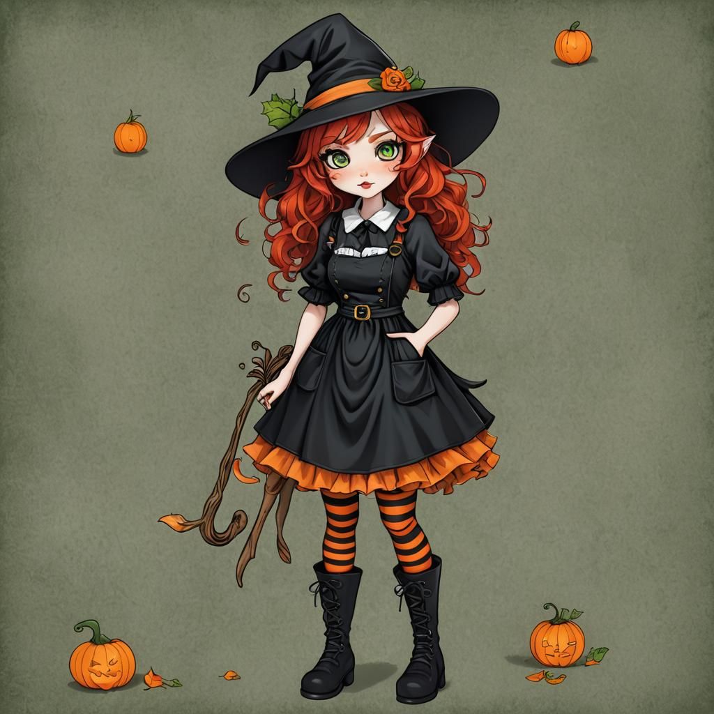 Whimsical Gothic Witch with Red Hair and Green Eyes