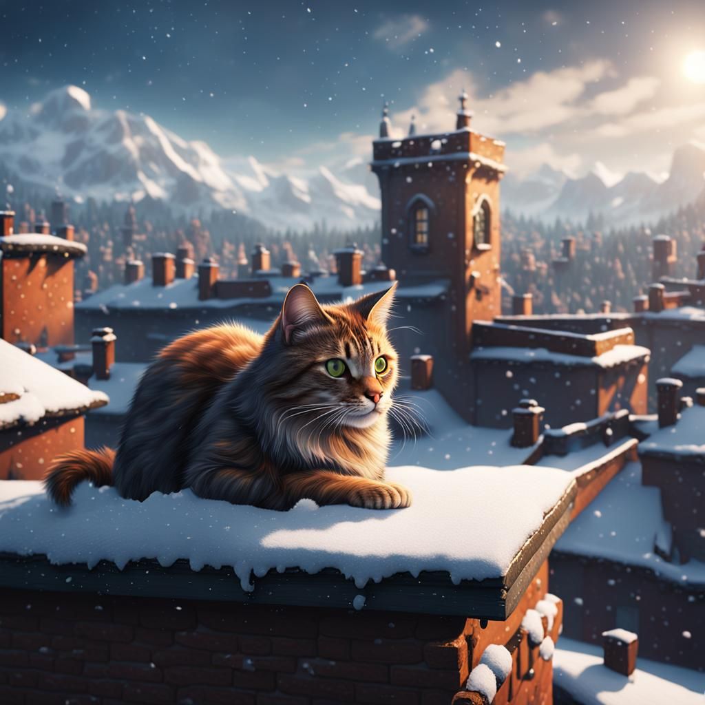 Cat on Snowy Rooftop: Detailed Matte Painting