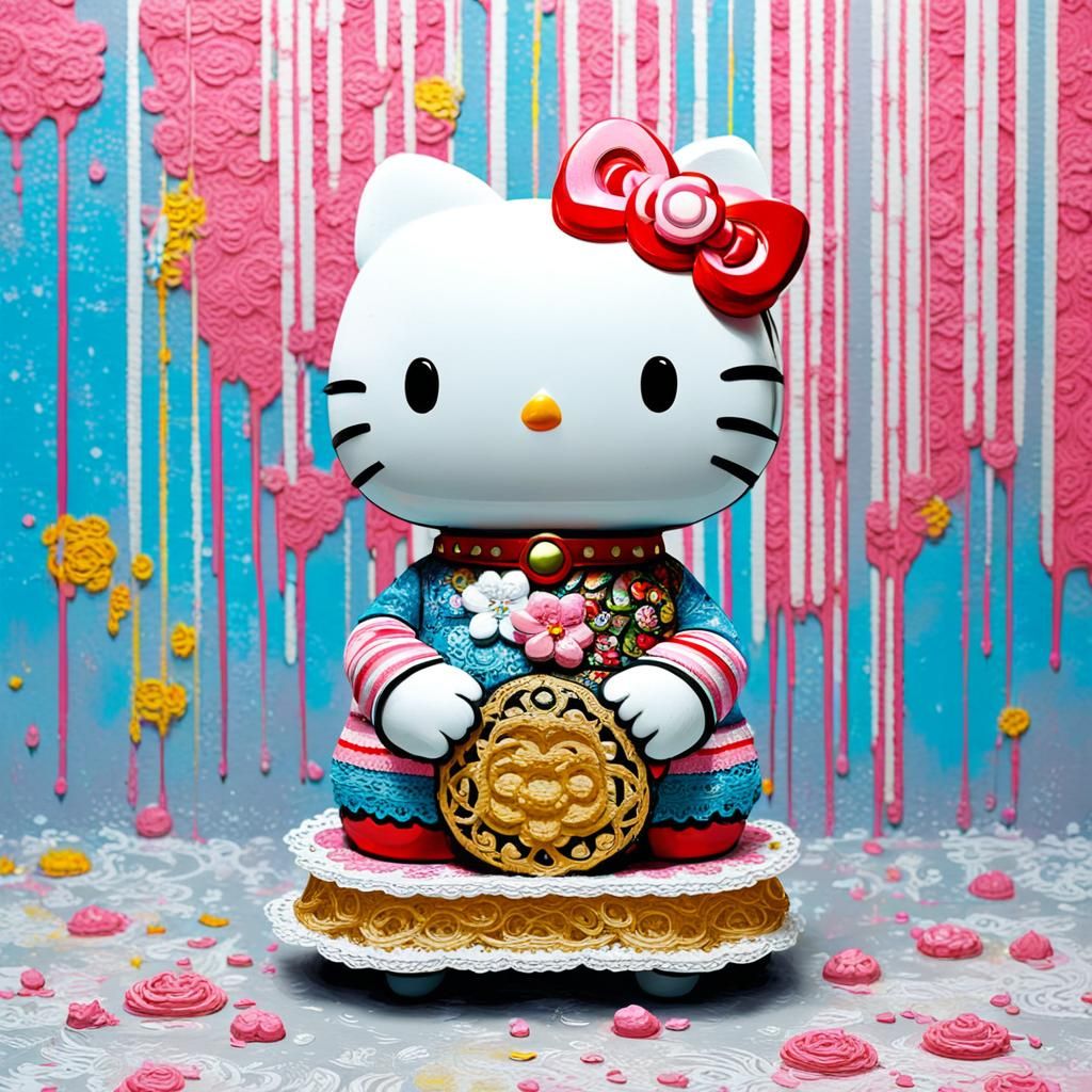 Hello Kitty as Maneki Neko in Rococo Graffiti Style