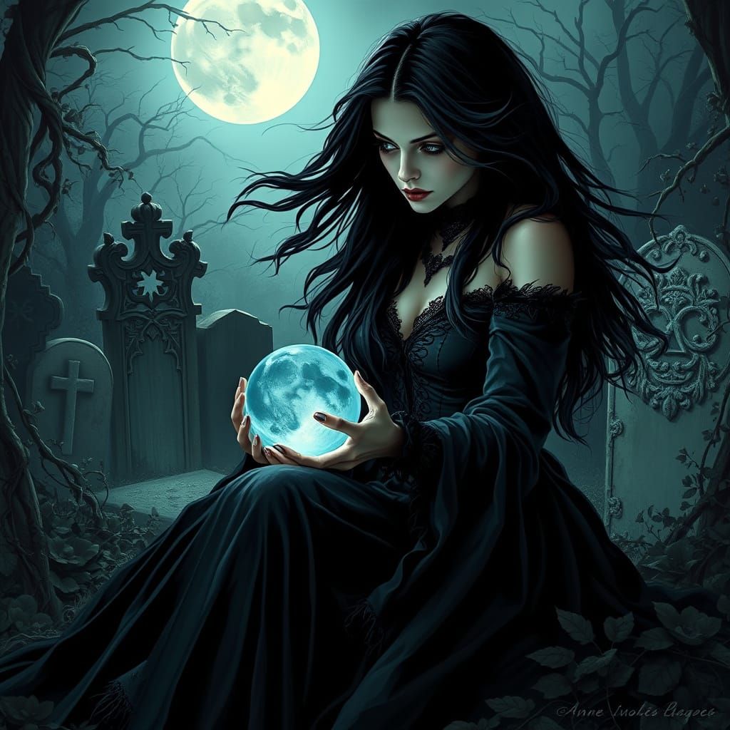 Gothic Woman Gazing into Crystal Ball in Moonlight