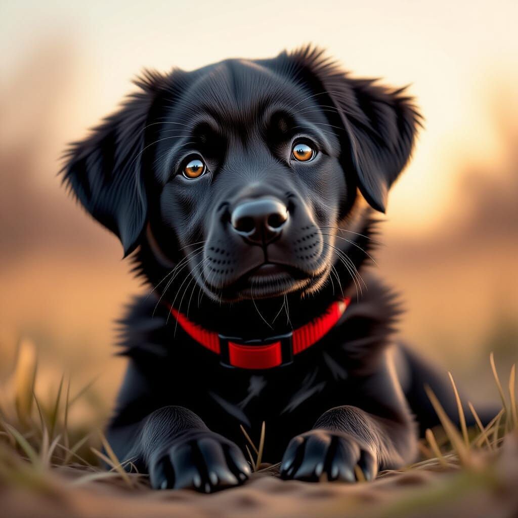 Hyper-Realistic Black Lab with Sad Eyes, Red Collar