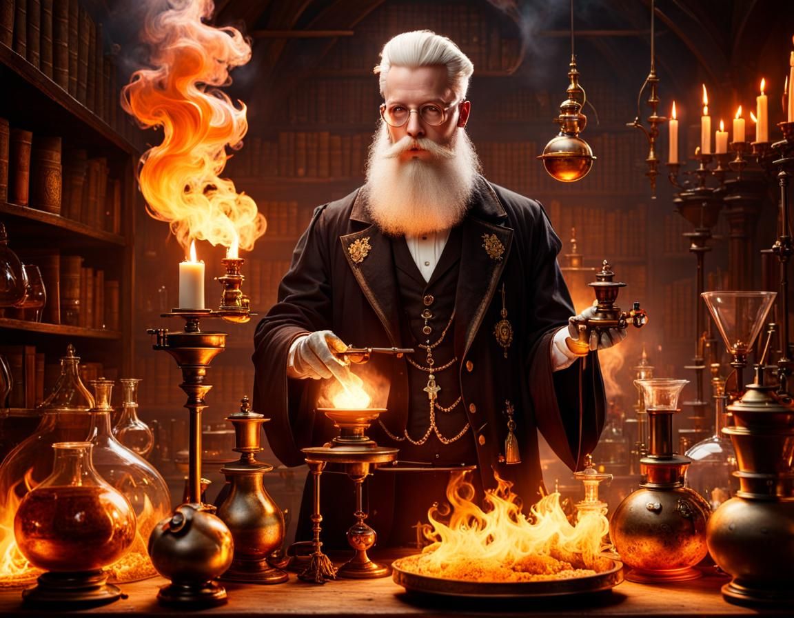 Steampunk Alchemist in Candlelit Laboratory