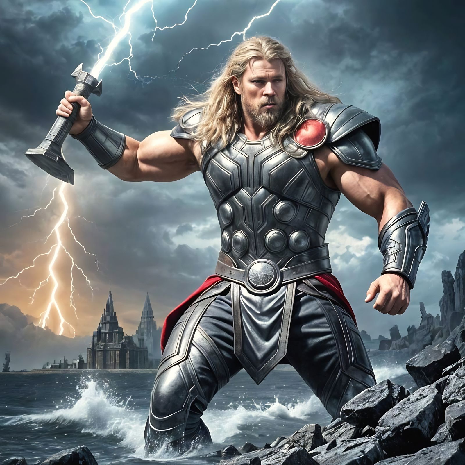 Thor, God of Thunder, Wielding Mjölnir in Hyperrealistic Sty...