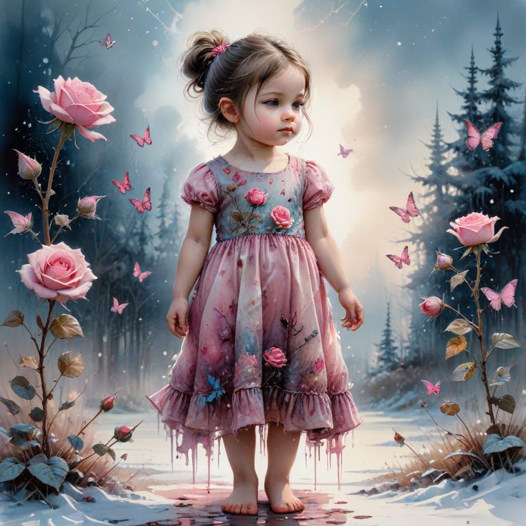 Toddler in Pink Dress with Winter Rose and Butterflies