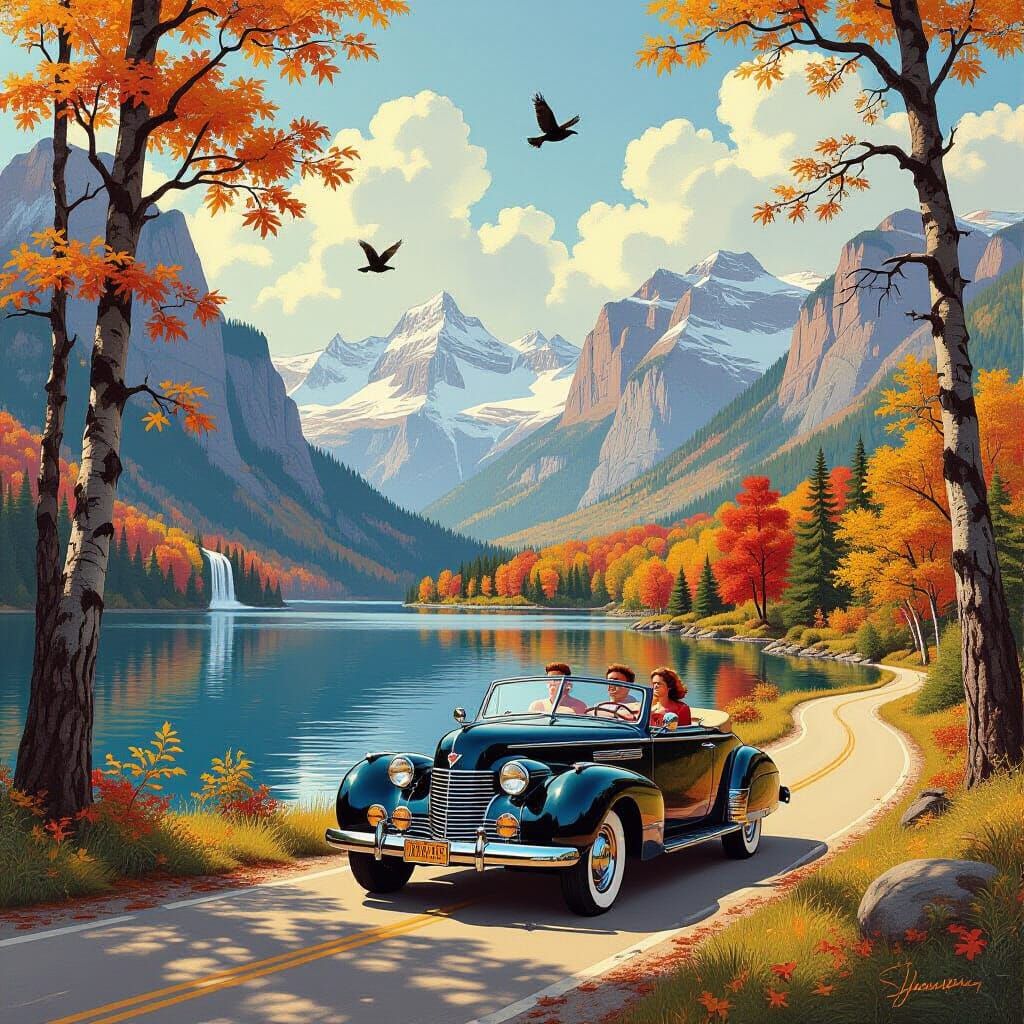 Autumn Woods Drive: 1930s Cadillac to Mountain Lake