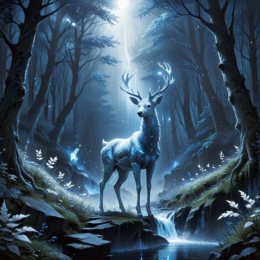 Bioluminescent Forest with Deer Patronus in Anime Style