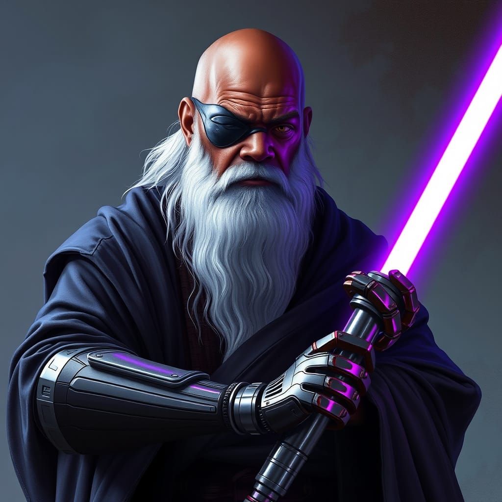 Cyberpunk Jedi Master with Purple Lightsaber