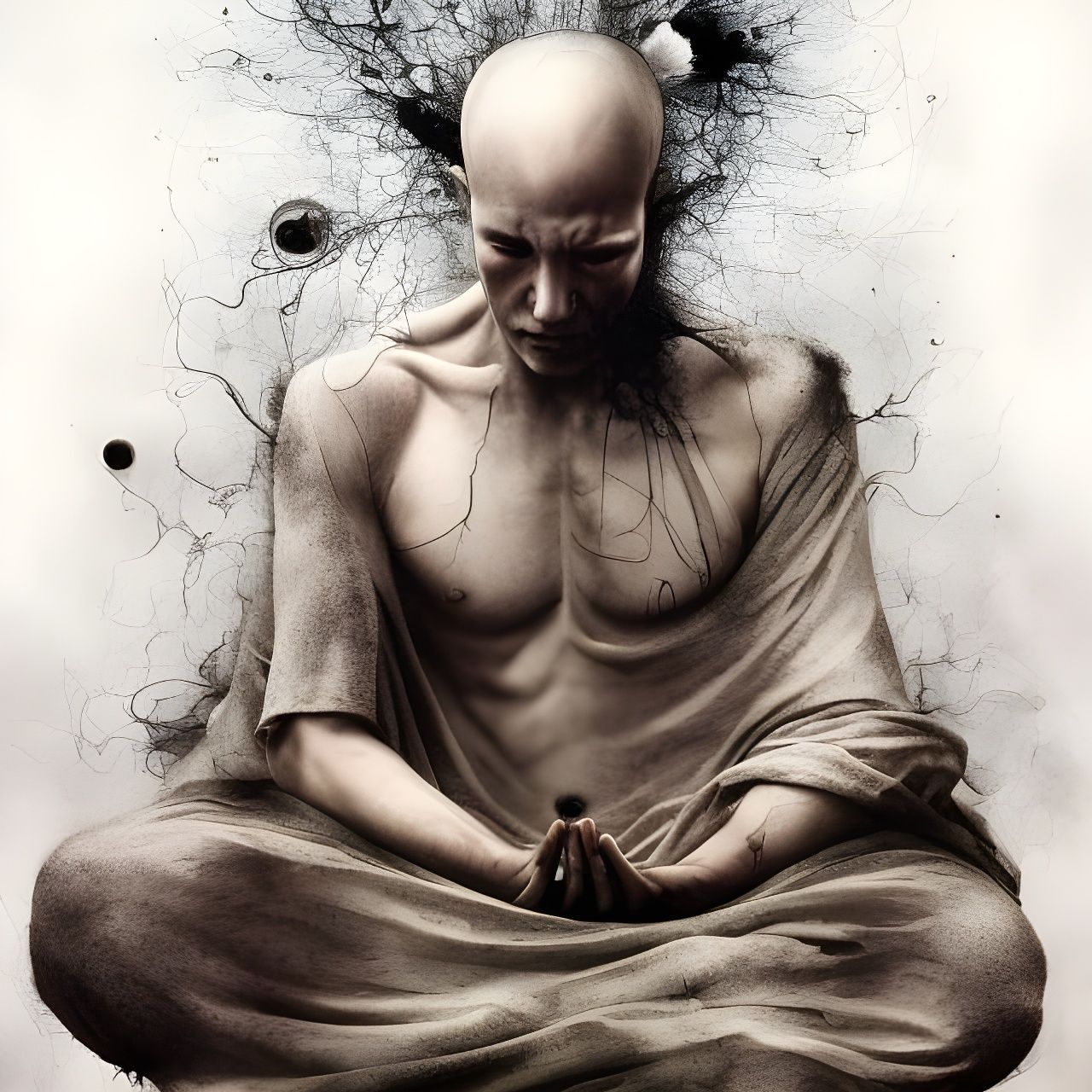 Arcane Monk Meditating in Nature, Holographic Style