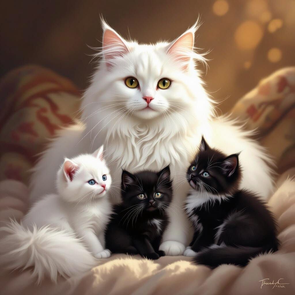Regal Cat With Three Fluffy Kittens in Whimsical Fantasy Sty...