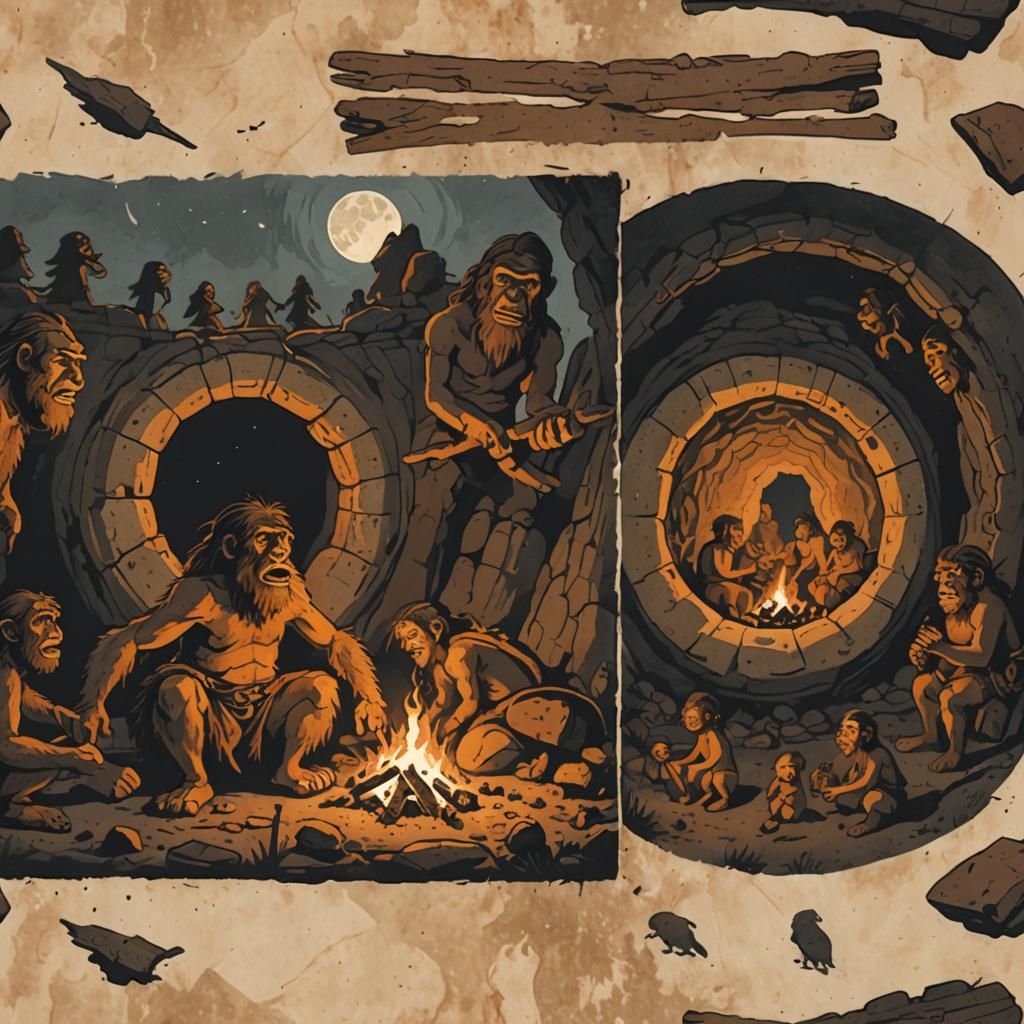 Neanderthals Around a Campfire in Cave
