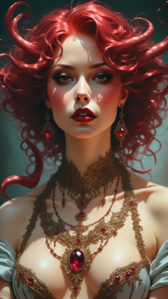 Eldritch Goddess in Gilded Gothic Corset, with Tentacles Unv...