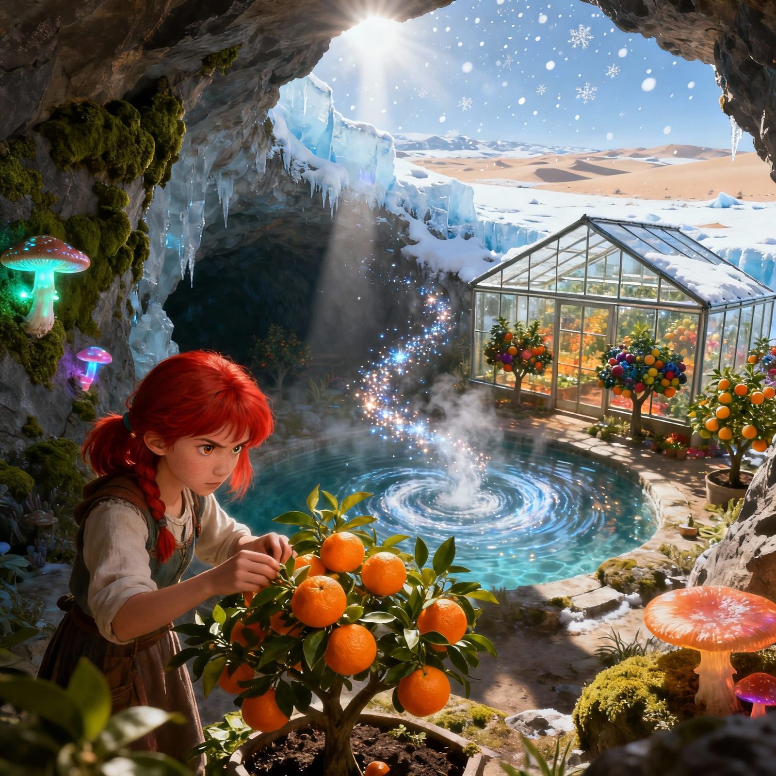 Girl Tends Greenhouse in Icy Cave Oasis