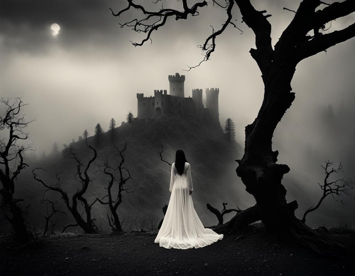 Ethereal Woman in Haunted Landscape: Vintage Photo