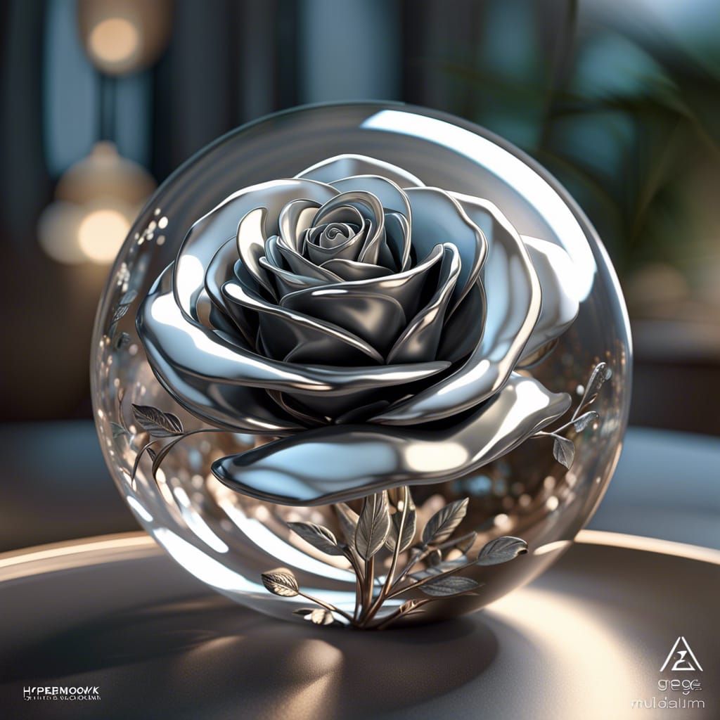 Hyperrealistic Silver Rose in Glass Sphere