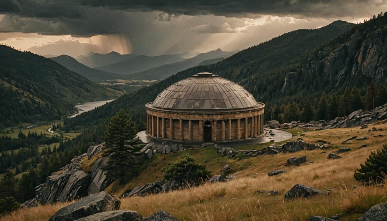 Rotunda in Stormy Landscape: Cinematic Film Still