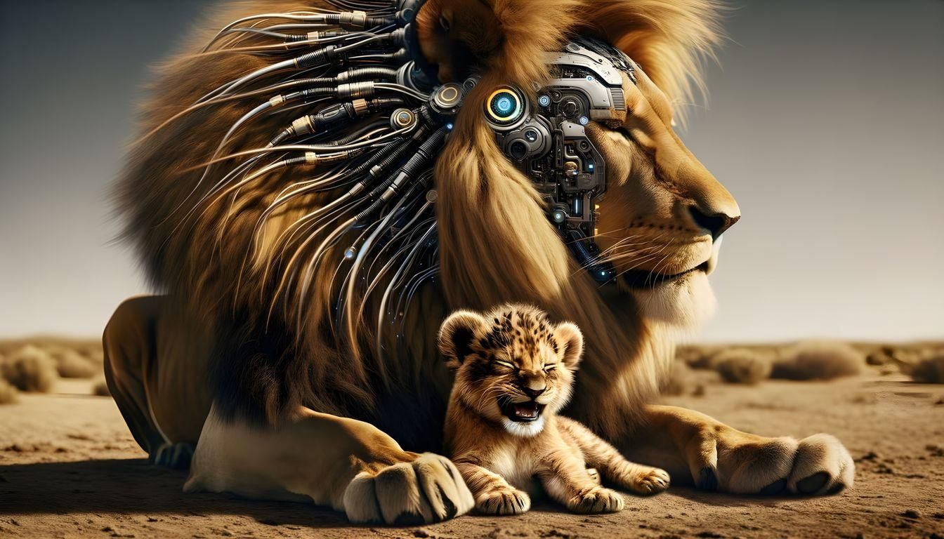 Majestic Cybernetic Lion Family of Serengeti