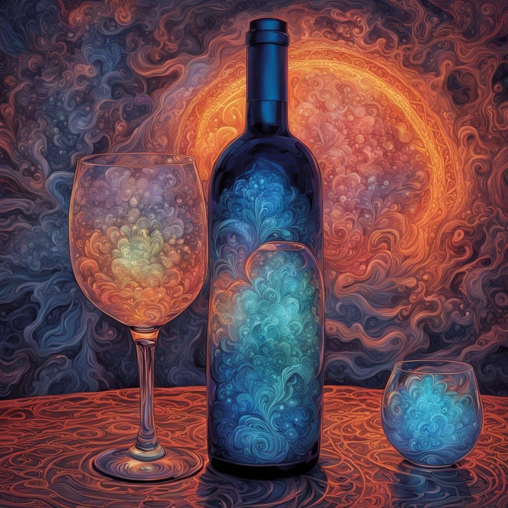 Astral Wine Bottle and Glass Illustration