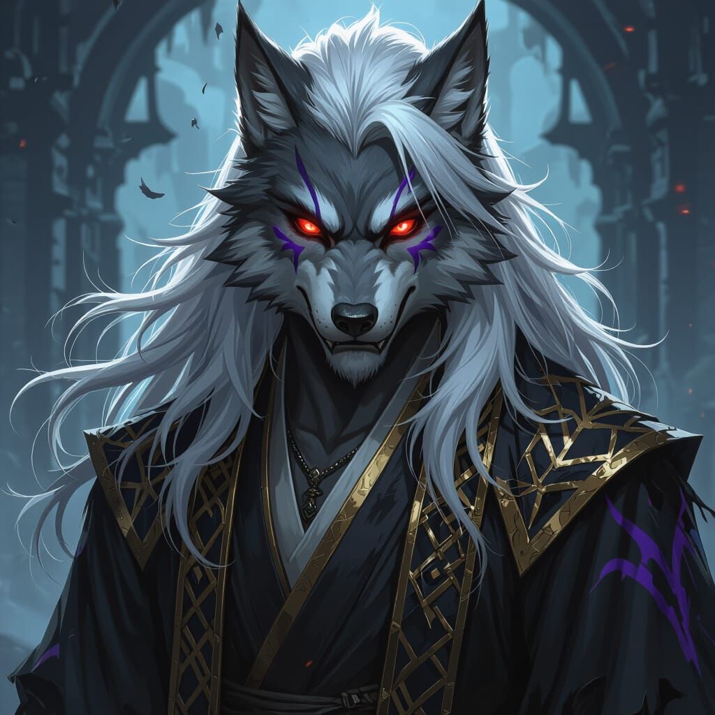 Fierce Wolf Demon with Red Eyes in Dark Fantasy Style