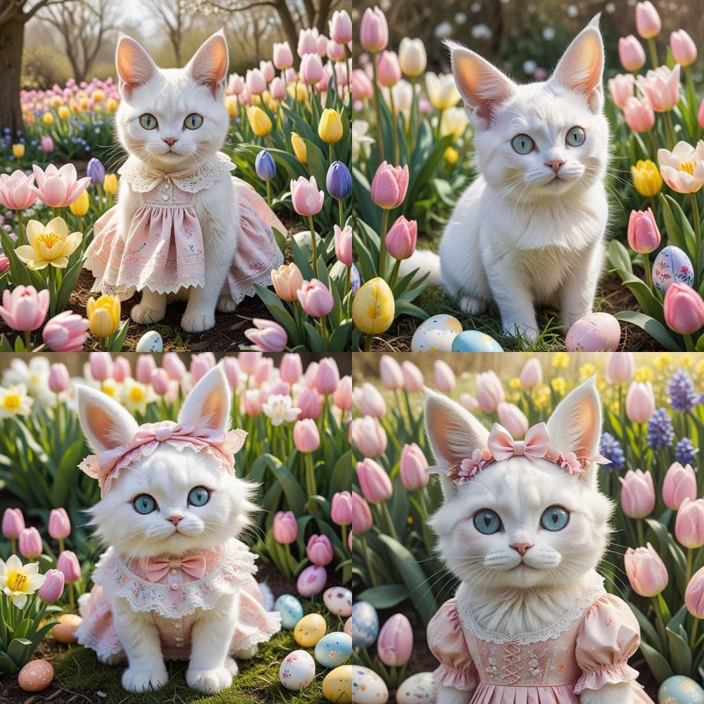 Chibi Cat Celebrates Easter in a Whimsical Watercolor Garden