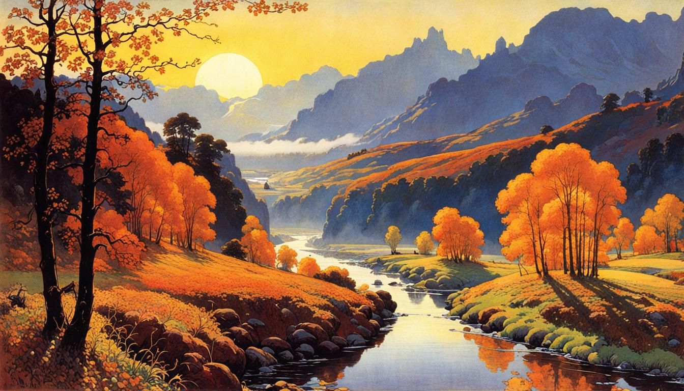 Autumn Morning Landscape in Art Nouveau Style
