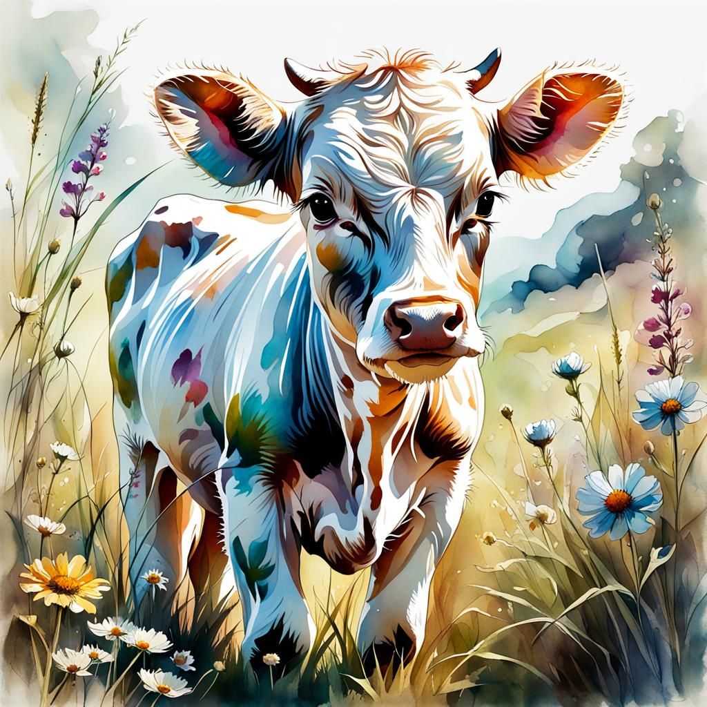 Calf in Summer Meadow: Digital Watercolor Illustration