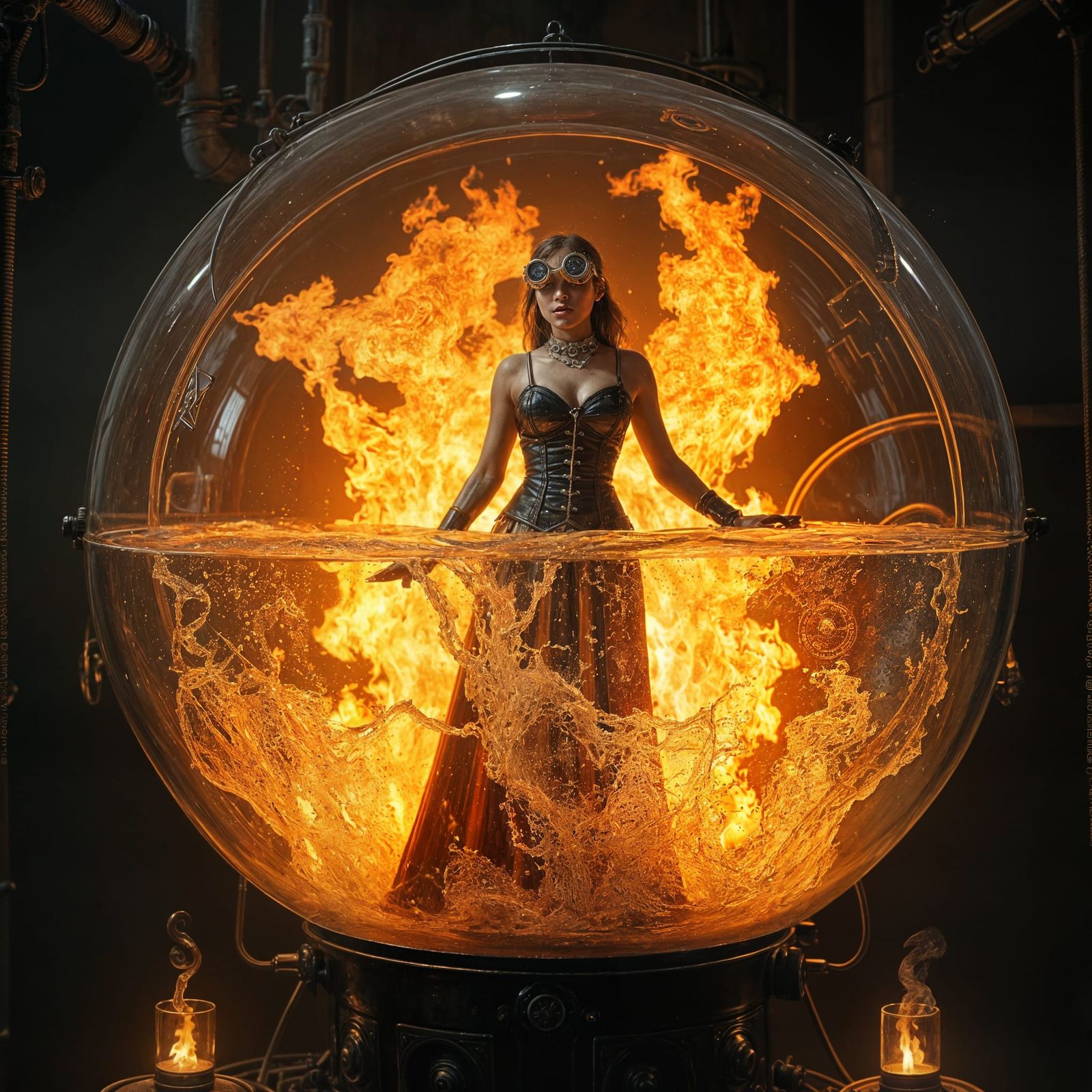 Steampunk Woman in Fiery Glass Sphere