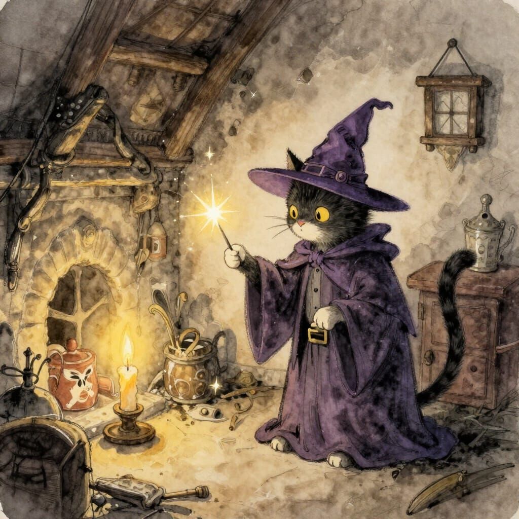 Cat Wizard Conjures Sparkles in Cozy Cottage