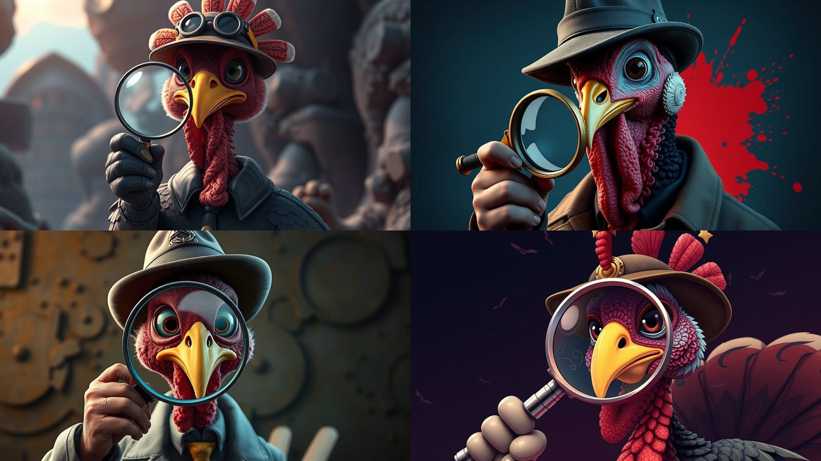 Turkey Detective Inspects Viewer in Hyperrealistic Cartoon S...