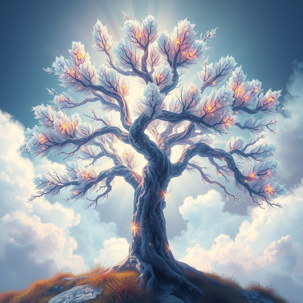 Crystal Tree with Kaleidoscopic Branches in Mystical Landsca...