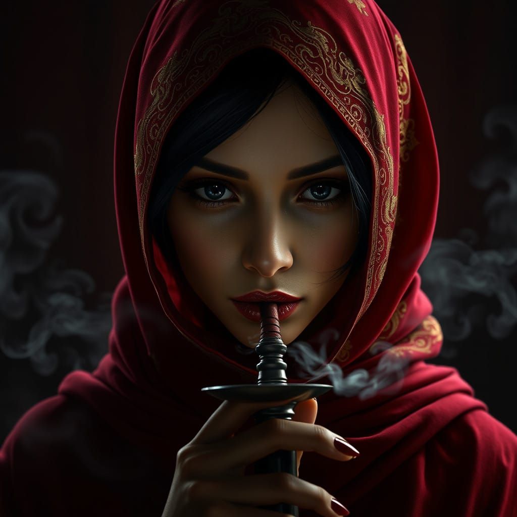 Dark Fantasy Muslim Woman Puffs Shisha in Mystical Glow