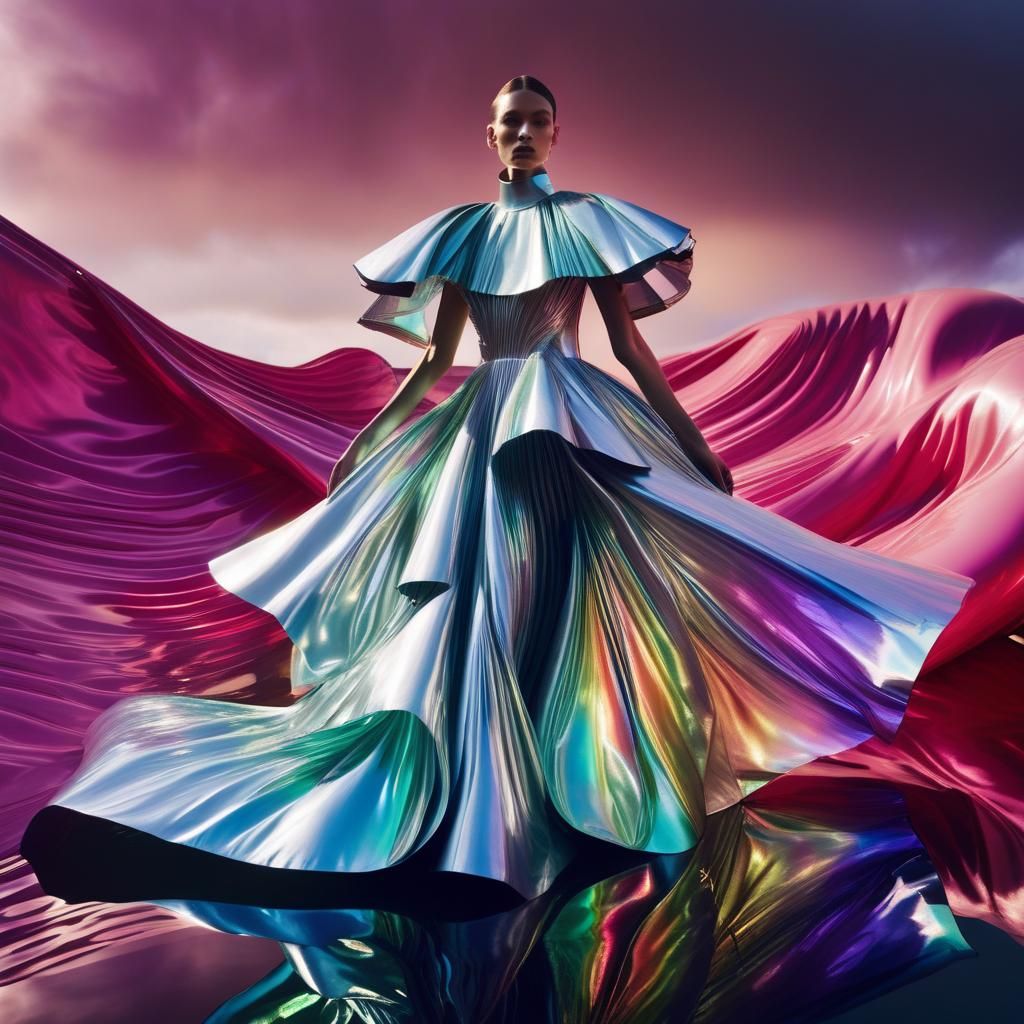 Holographic Couture: Liquid Gown in Editorial Fashion