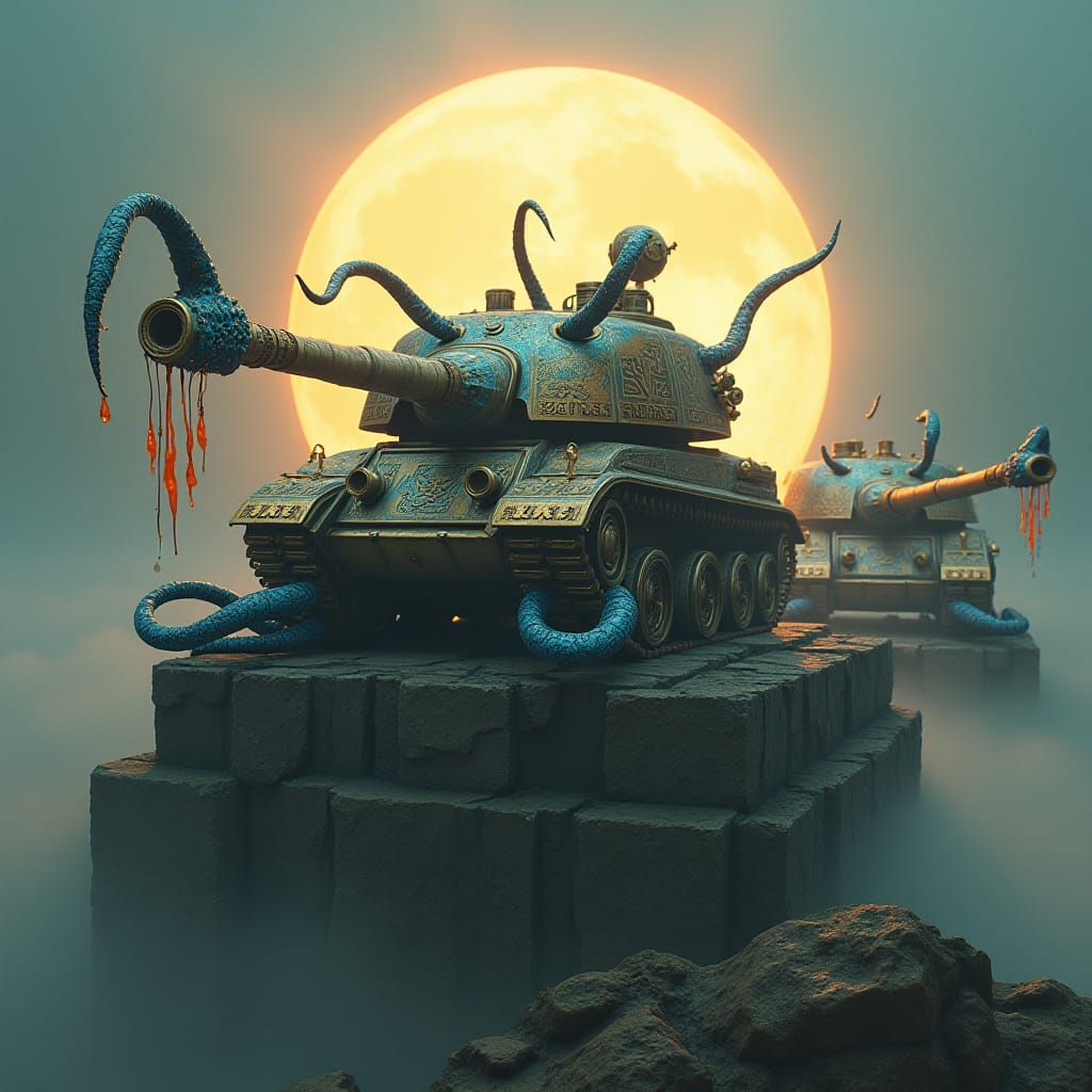 Fantastical Tentacle Tanks on Ancient Temple Pedestal