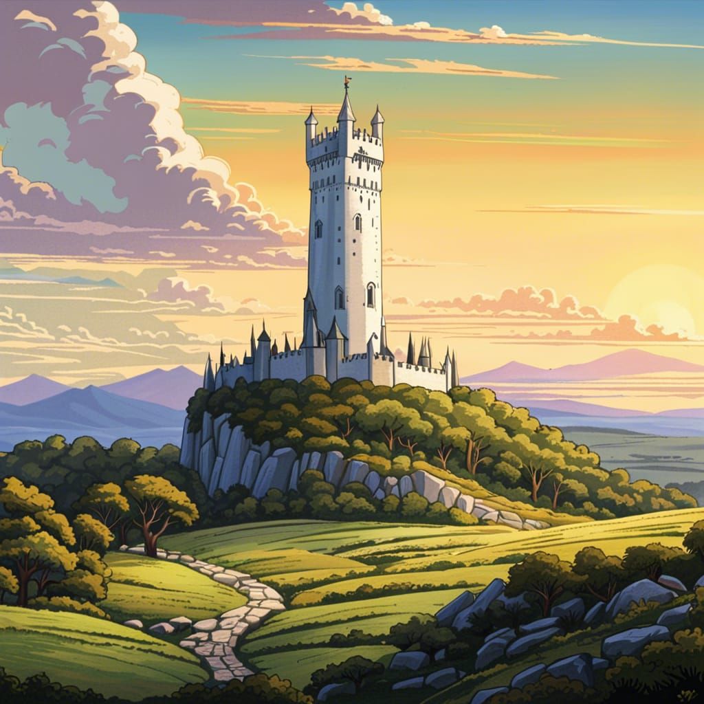 Ornate White Tower in Medieval Plain, Don Bluth Style