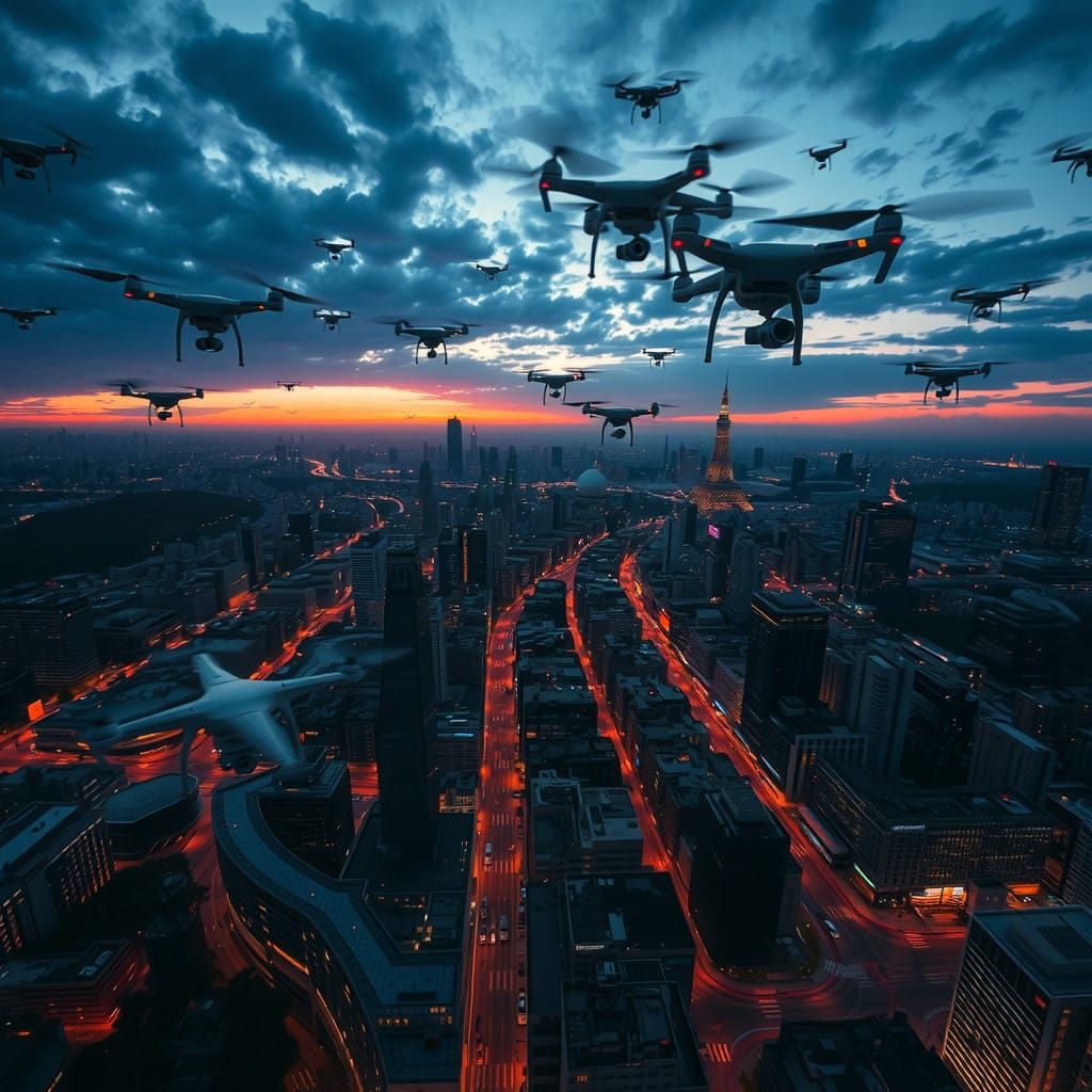 Cyberpunk Cityscape at Dusk, with Swarming Drones