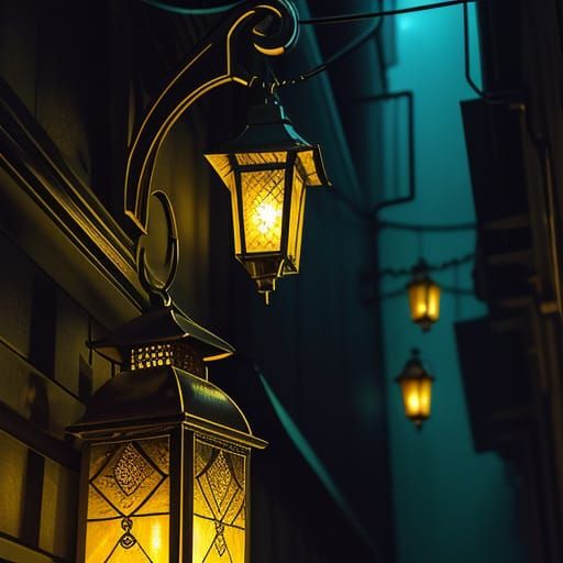 Hyperrealistic Lanterns in Dark Alley Photography