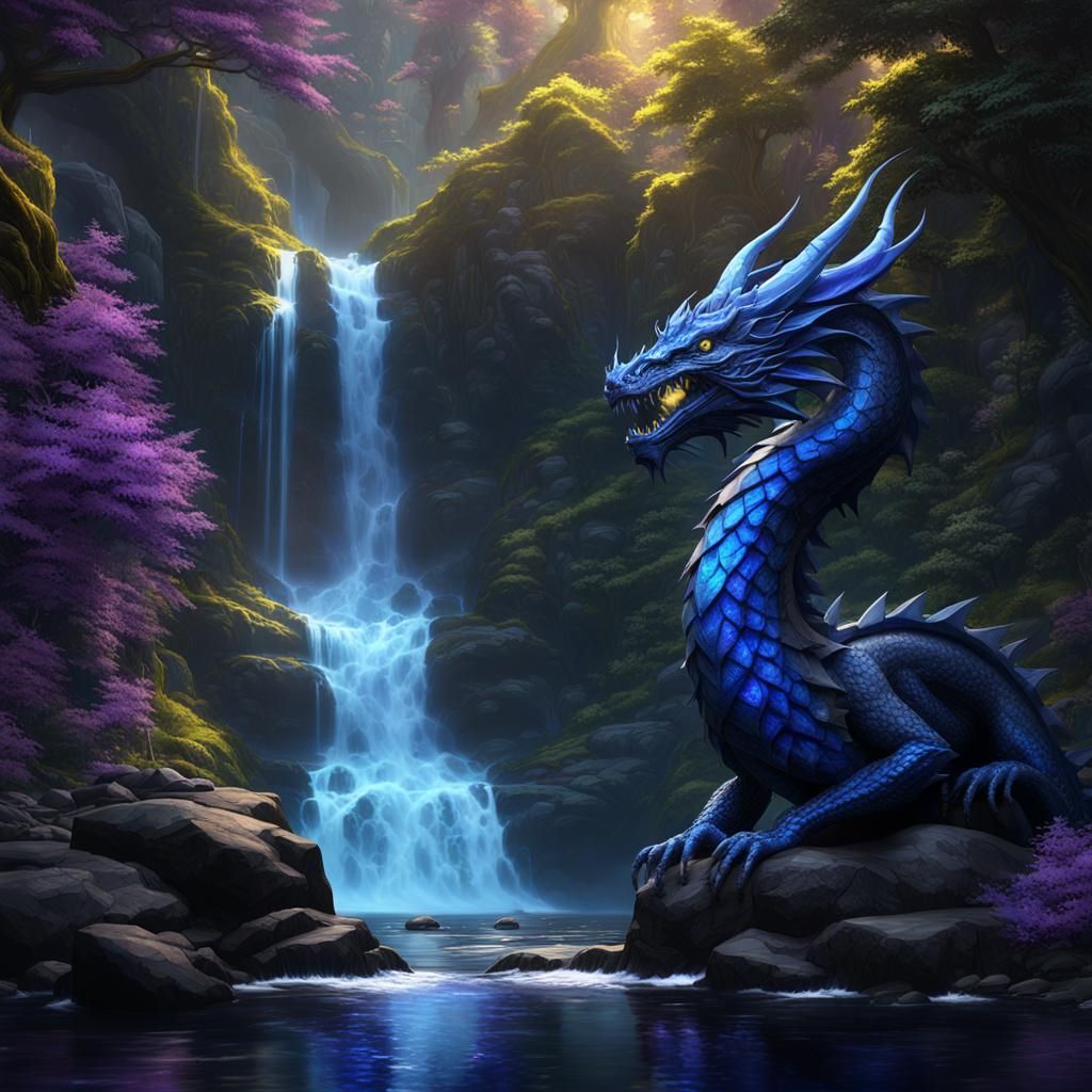 Dragon in Dark Forest Waterfall, Fantasy Art