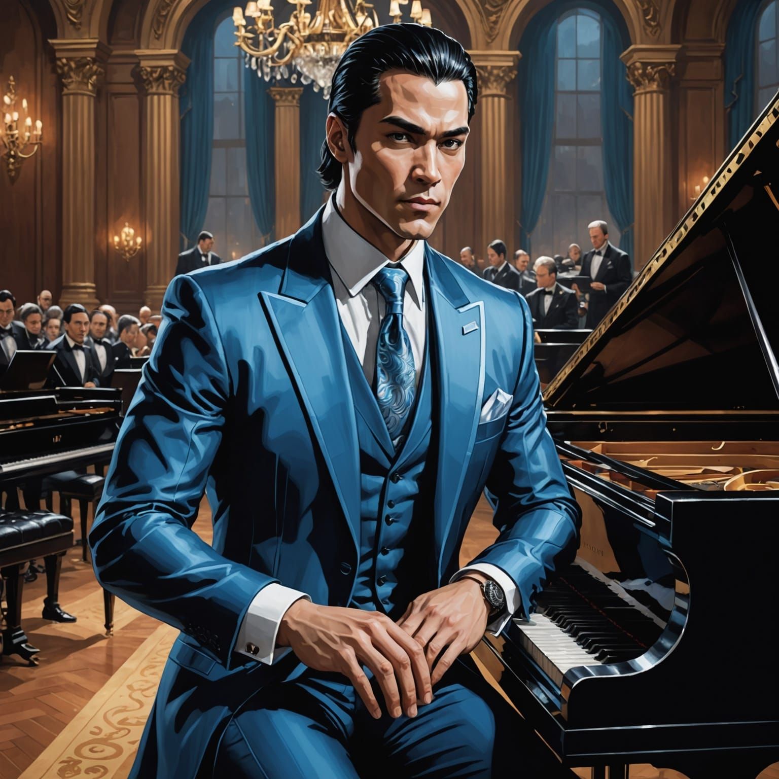 Sub-Zero as 1950s Pianist in Hyperrealistic Splash Art