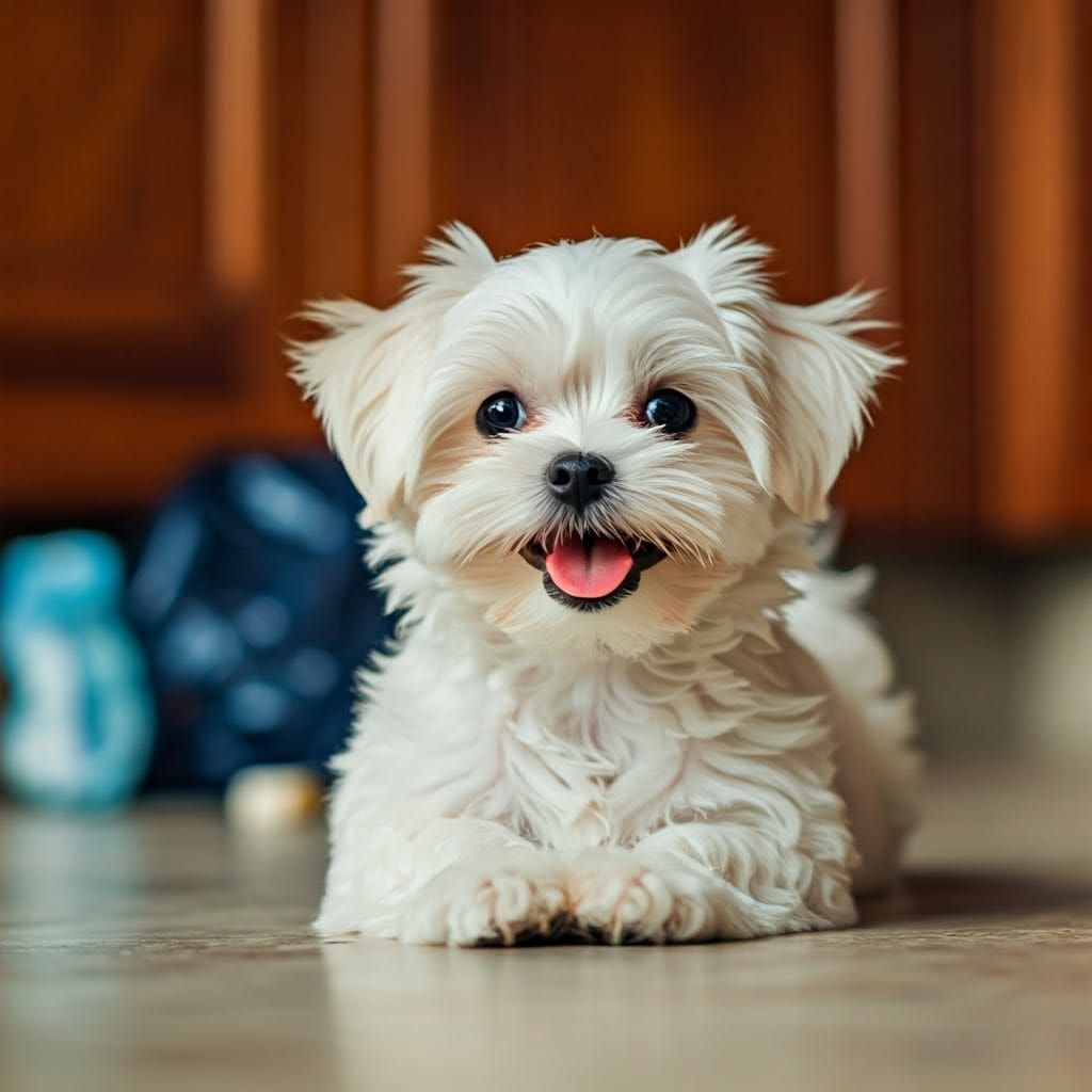 Joyful Maltese Puppy Surrounded by Kitchen Chaos