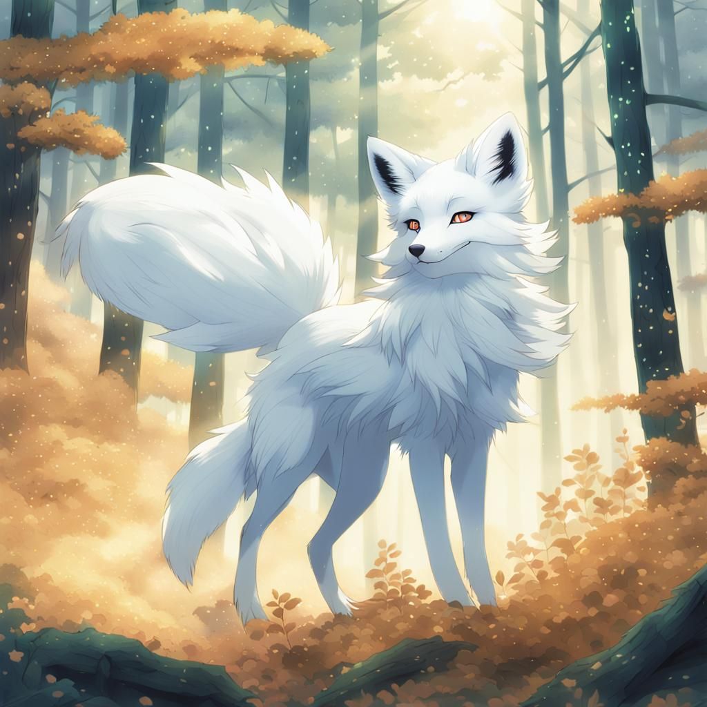 White Fox Summons Wind in Anime Style