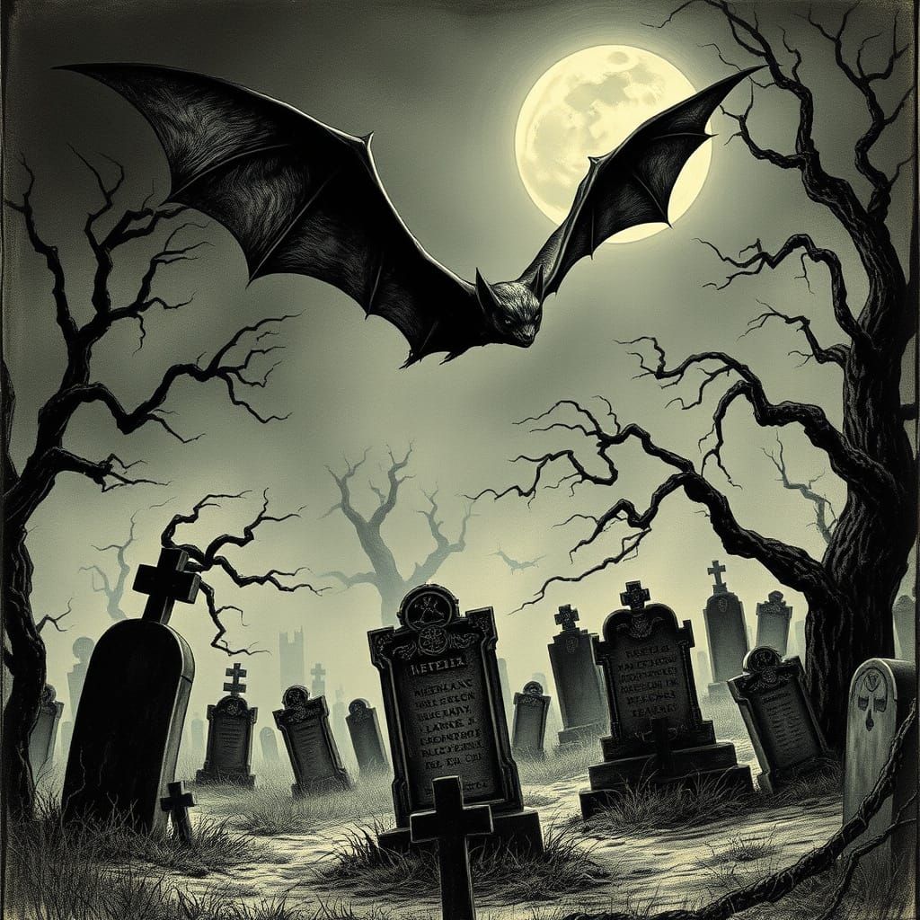 Vampire Bat Soaring Over Haunted Cemetery in Doré Style
