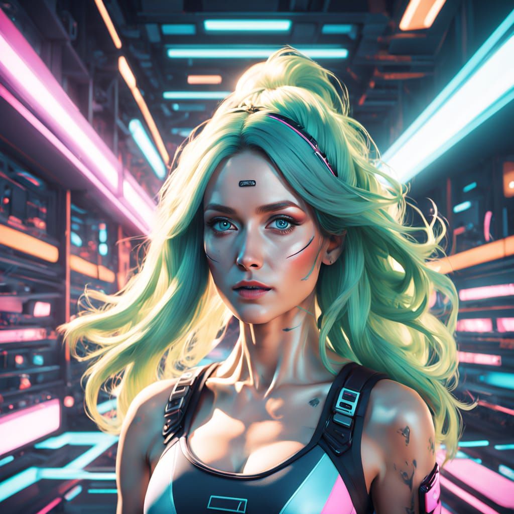 Symmetrical Futuristic Woman in Pastel Hues Firing Energy Gu...