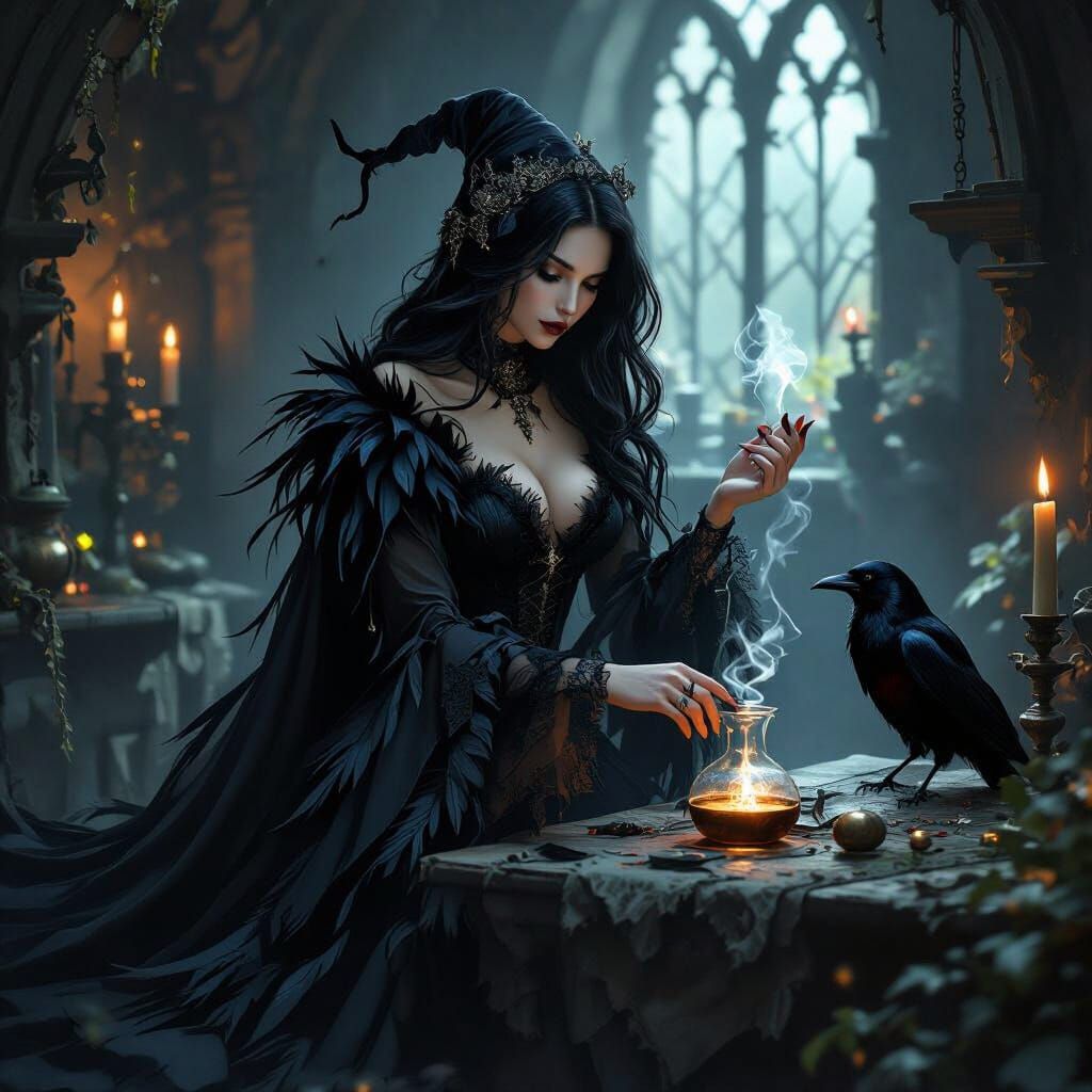 Gothic Witch Brewing Potion with Raven Familiar