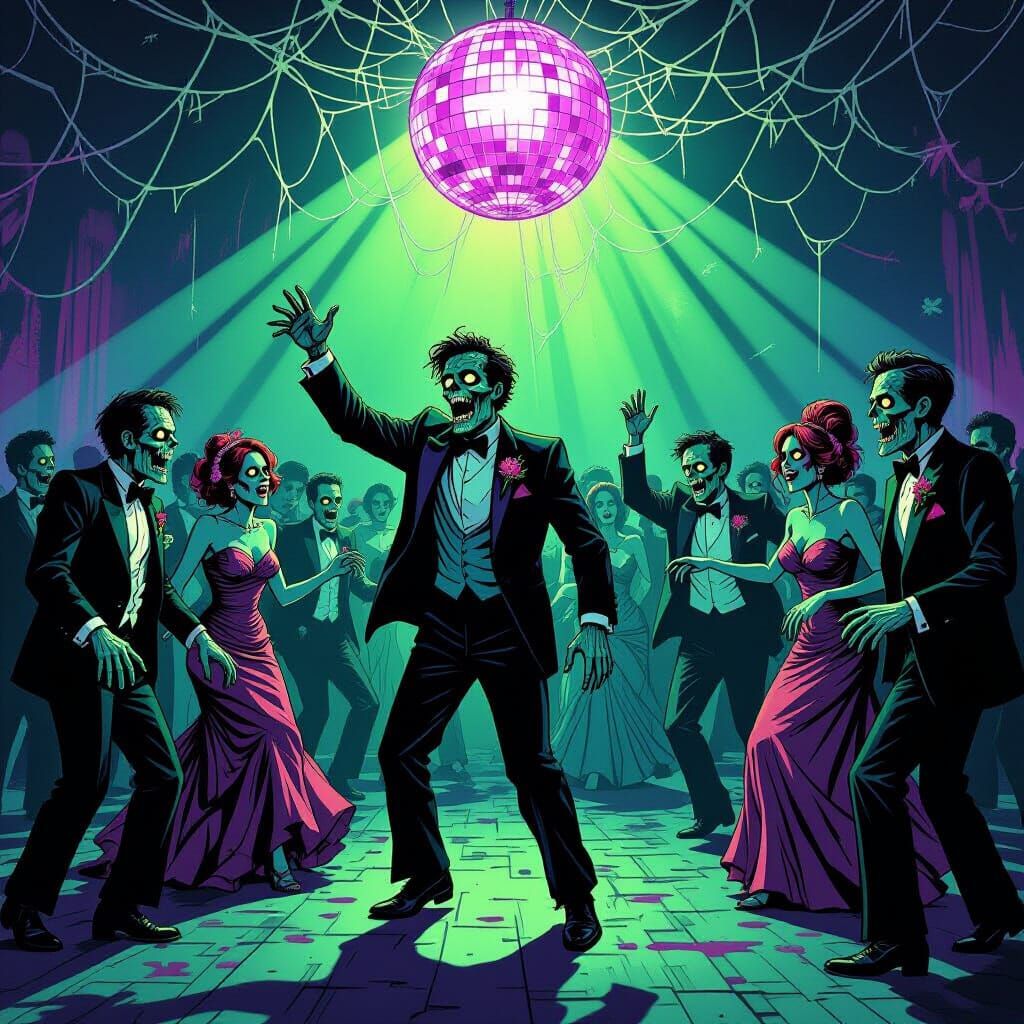 Zombies at a Grim Prom Dance in Dark Comic Style