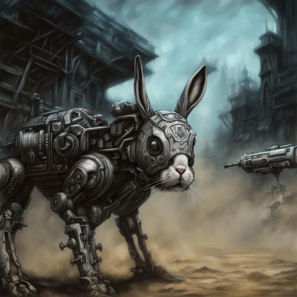 Sinister Mechanical Rabbit in Dramatic Charcoal Drawing