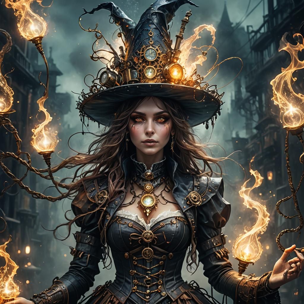 Steampunk Witch Girl Made of Flames