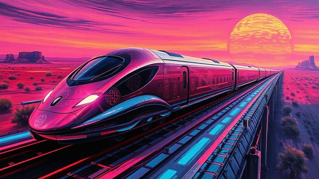Futuristic Train Speeding Through Neon Dystopian City