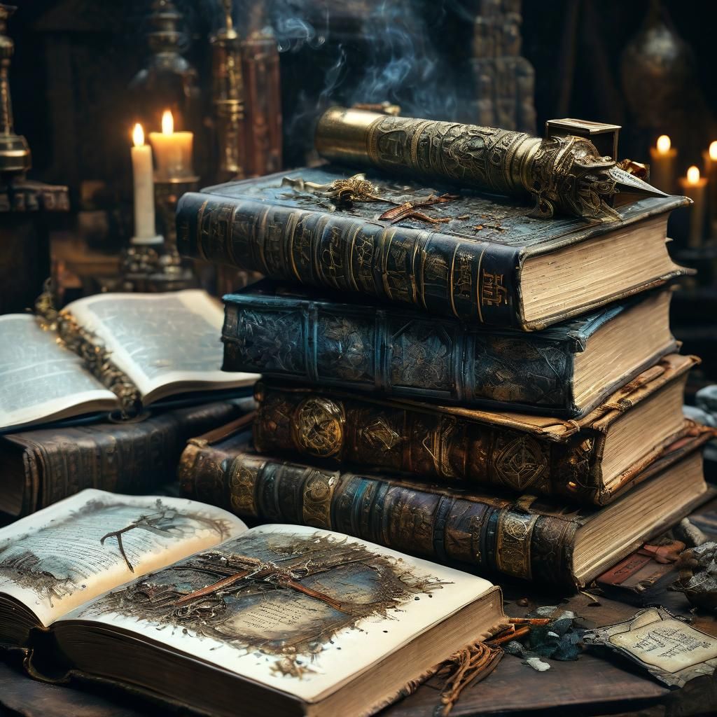 Ornate Spell Books in Medieval Laboratory