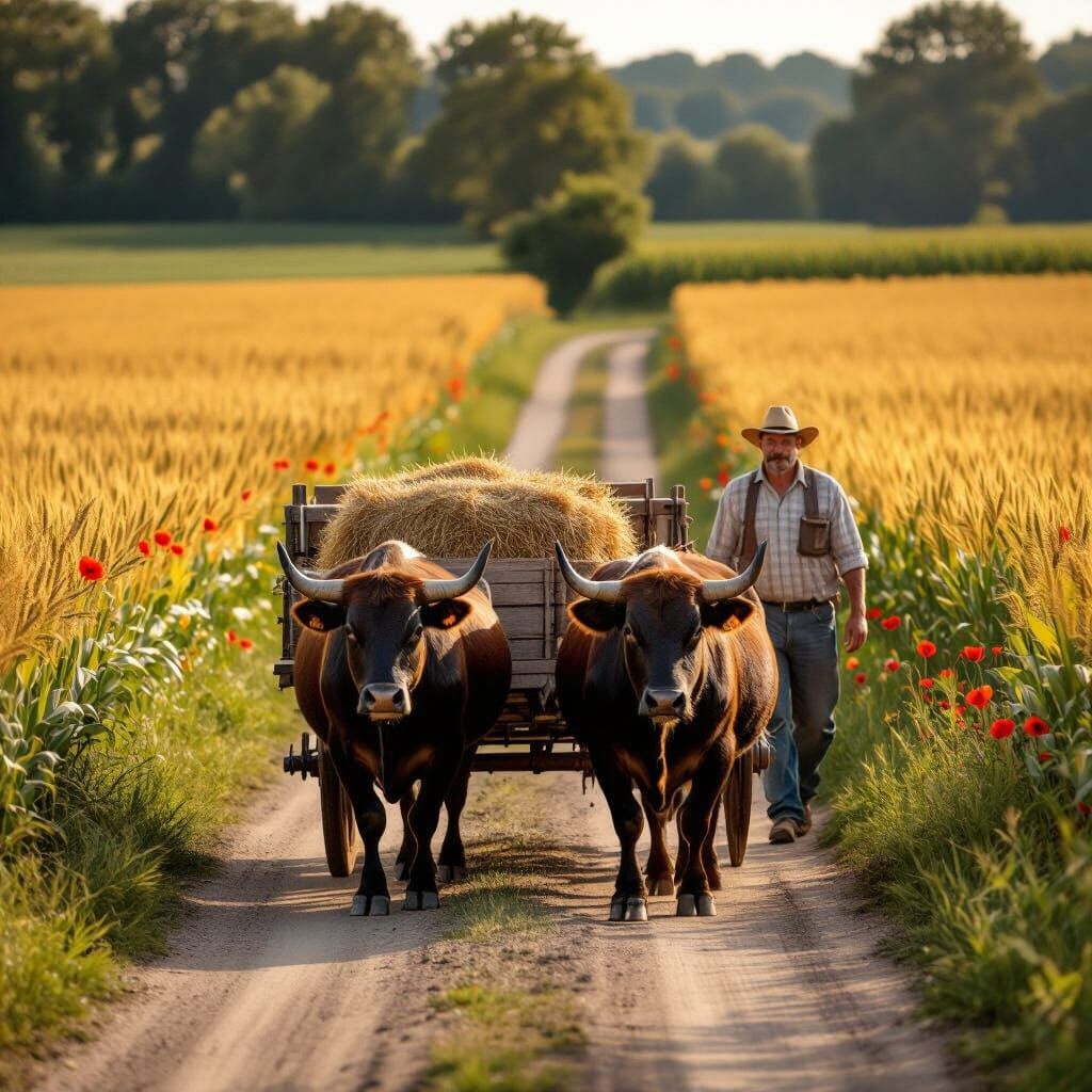 Bucolic Scene: Hay Cart Pulled by Oxen on Country Road