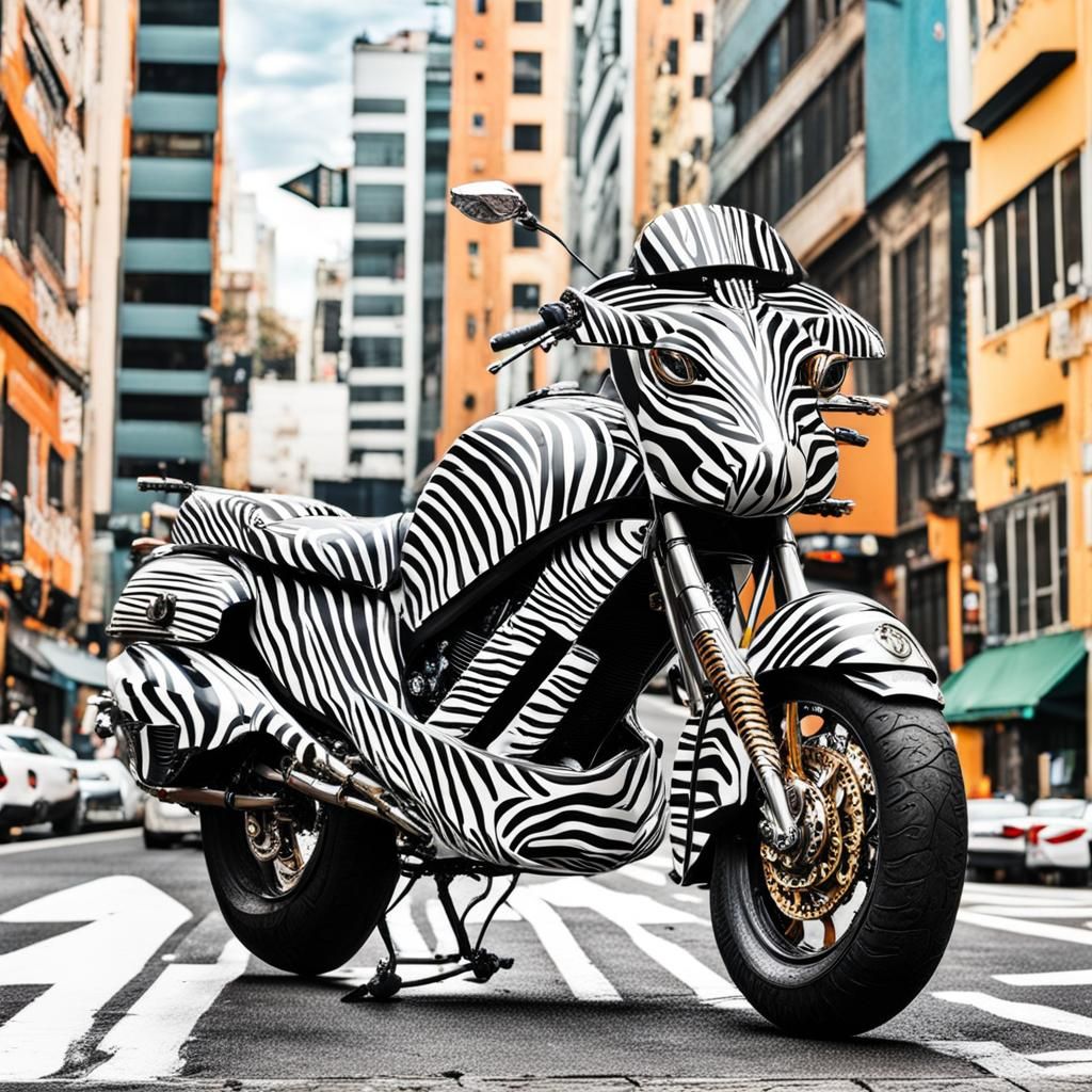Zebra Striped Motorcycle in Maximalist City