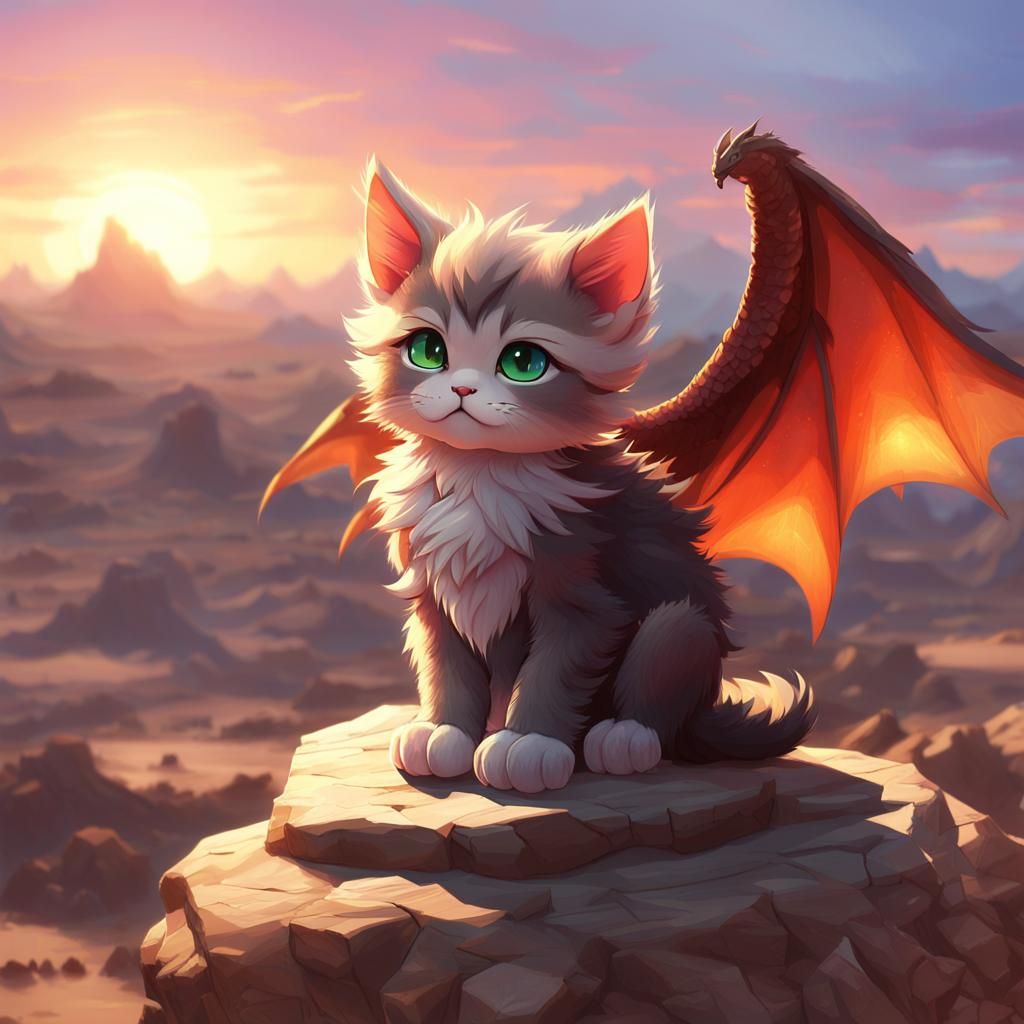 Grumpy Dragon Kitten at Desert Sunset: 3D Anime Art